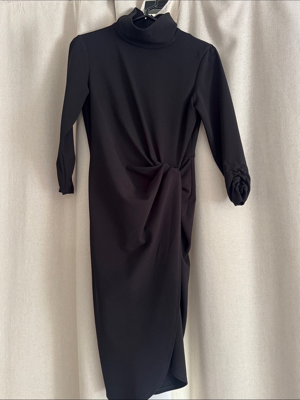 Tahari Black Turtleneck Midi Dress with Side Knot Detail